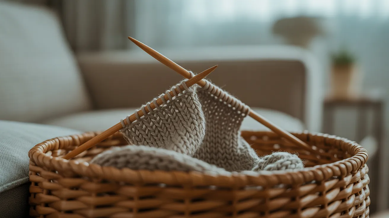 An abandoned knitting project with needles resting in a half-finished scarf inside a basket, symbolizing a loss of interest in a hobby.