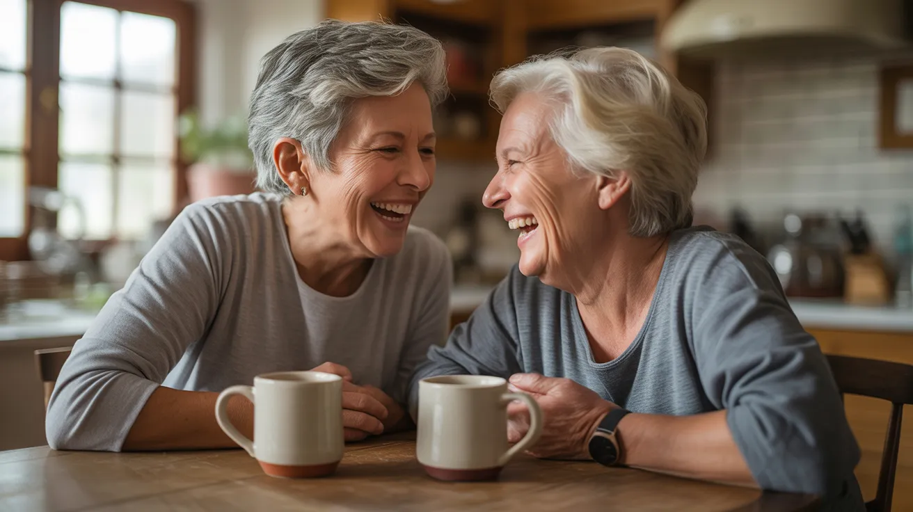 Two smiling seniors share a laugh over coffee at a brightly lit kitchen table, seen in a close medium shot.