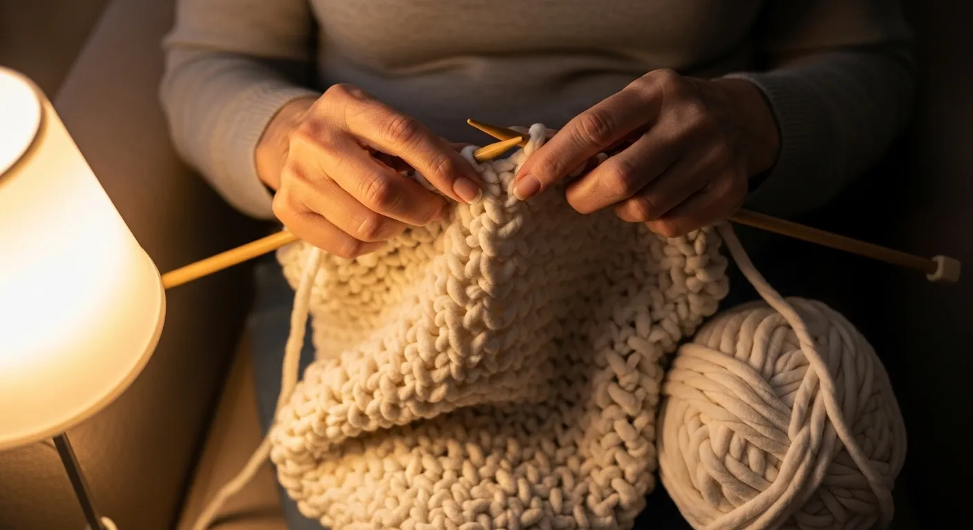 Close-up on a senior's hands peacefully knitting with cream-colored yarn, warmly lit by a lamp in a cozy room at night.