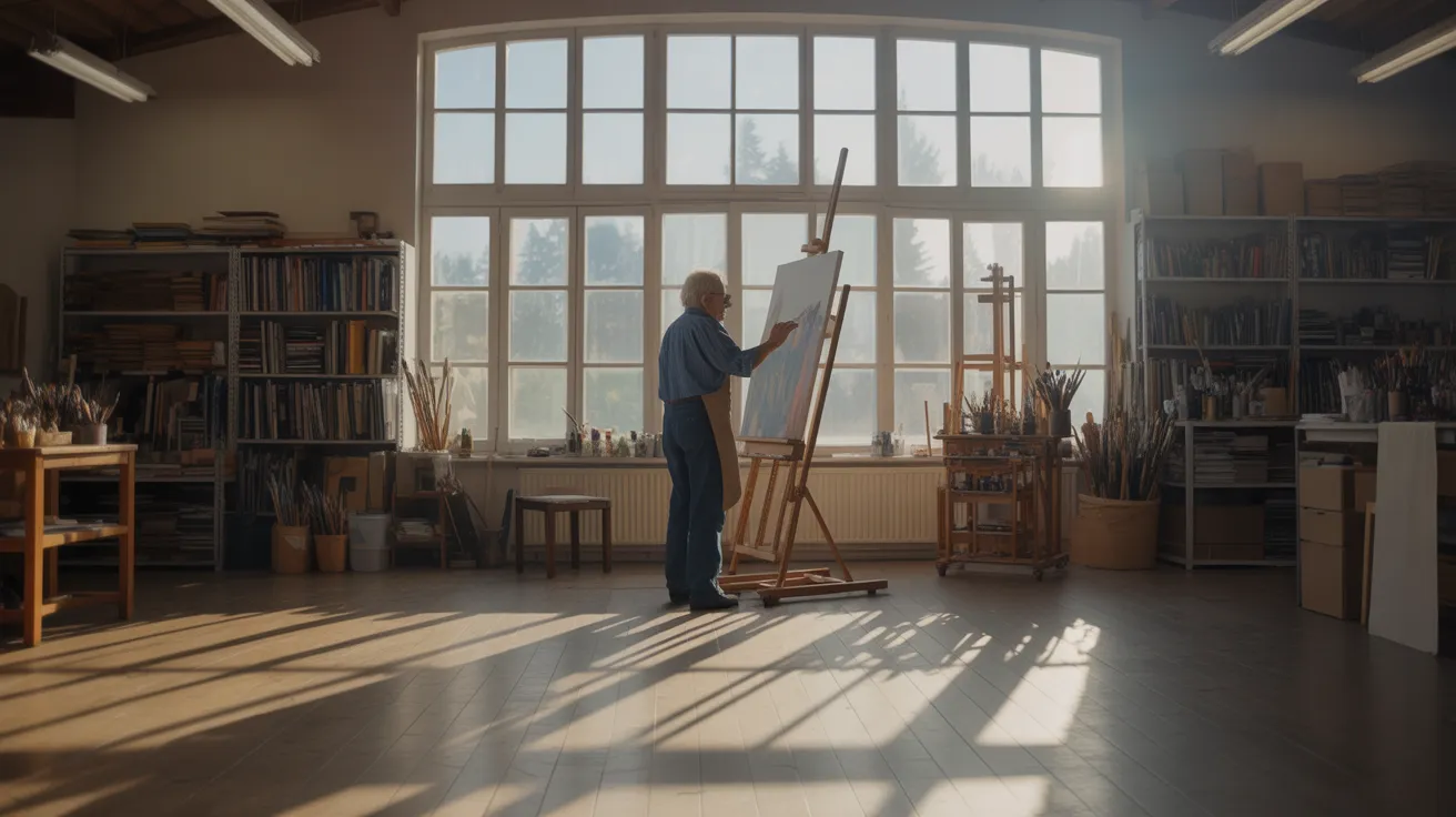 An ultra wide view of a senior artist painting at an easel in a sun-drenched studio, with strong shadows on the floor.