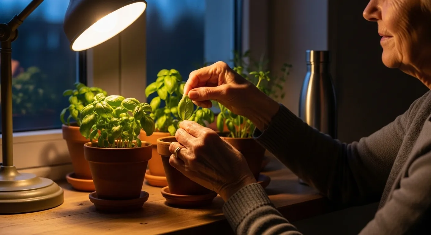 A senior contentedly tending to small potted herbs by a window at night, illuminated by a warm lamp with a water bottle nearby.
