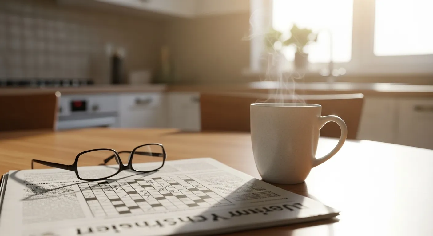 A newspaper crossword puzzle and a pair of reading glasses on a sunlit table next to a warm cup of coffee, suggesting a daily morning routine.