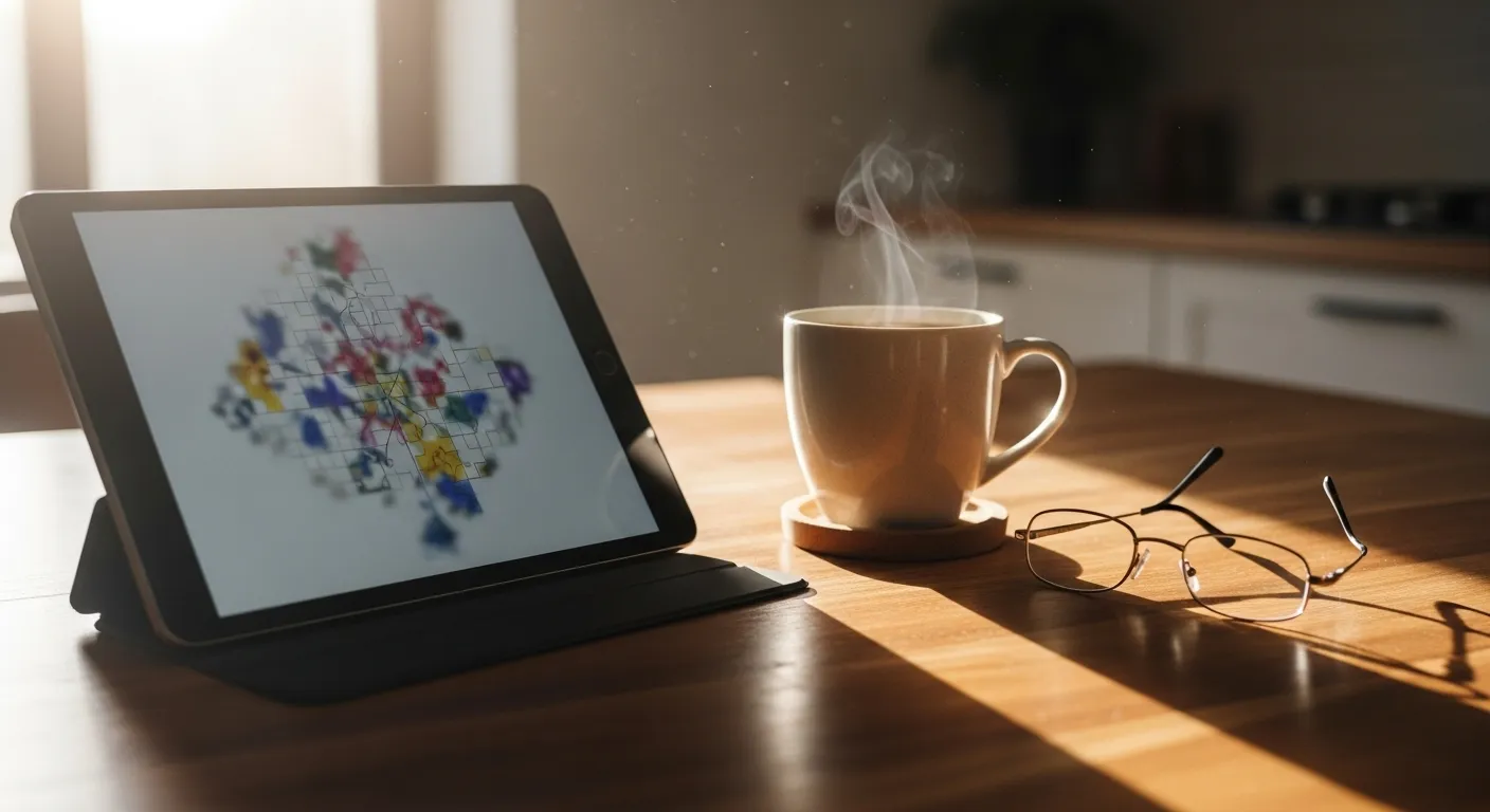 A tablet with a blurred game screen sits beside a coffee mug and reading glasses on a sunlit kitchen table.