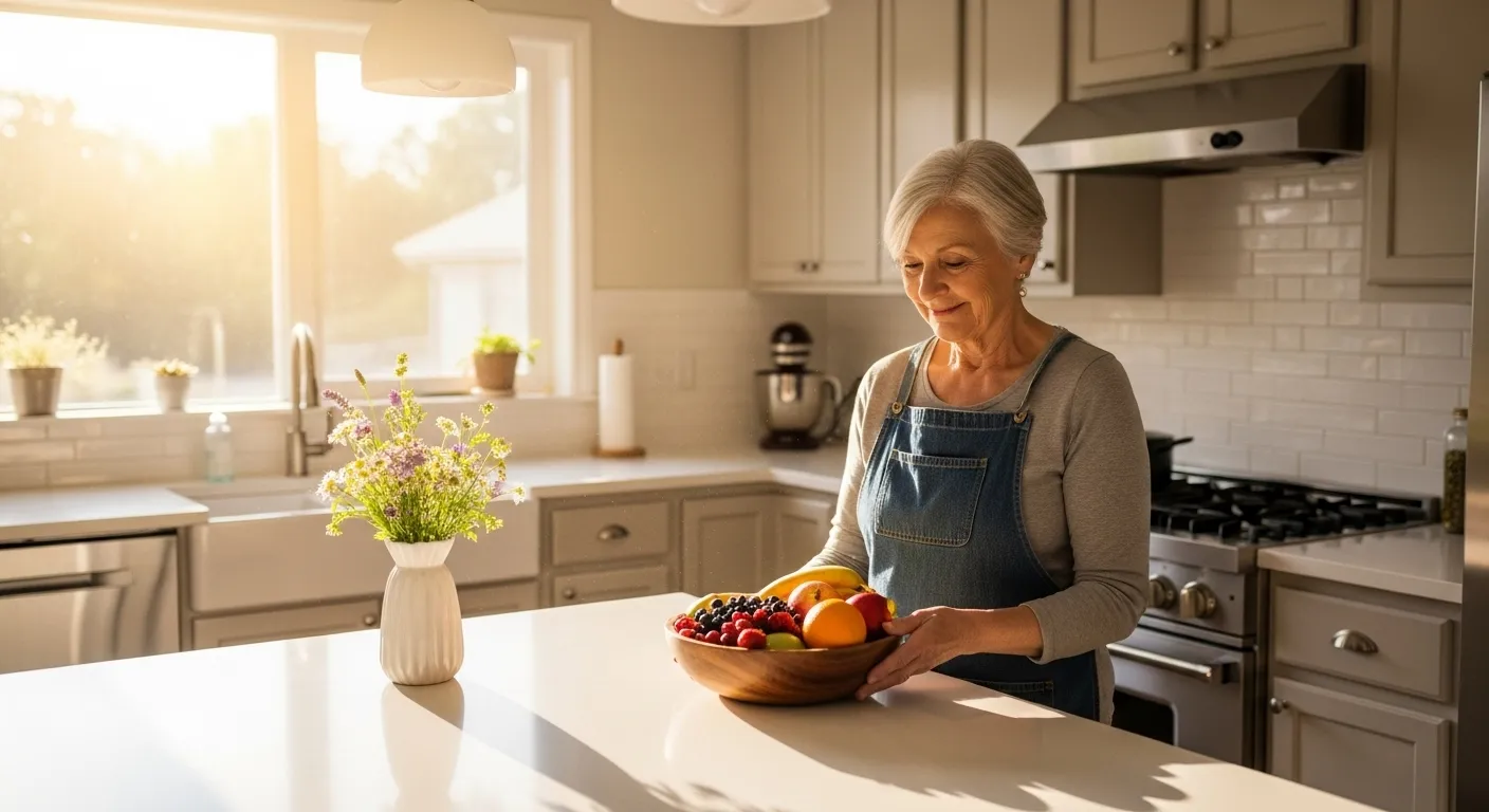 A wide view of a bright kitchen where a smiling senior stands by a counter with a bowl of fresh fruit in the morning light.