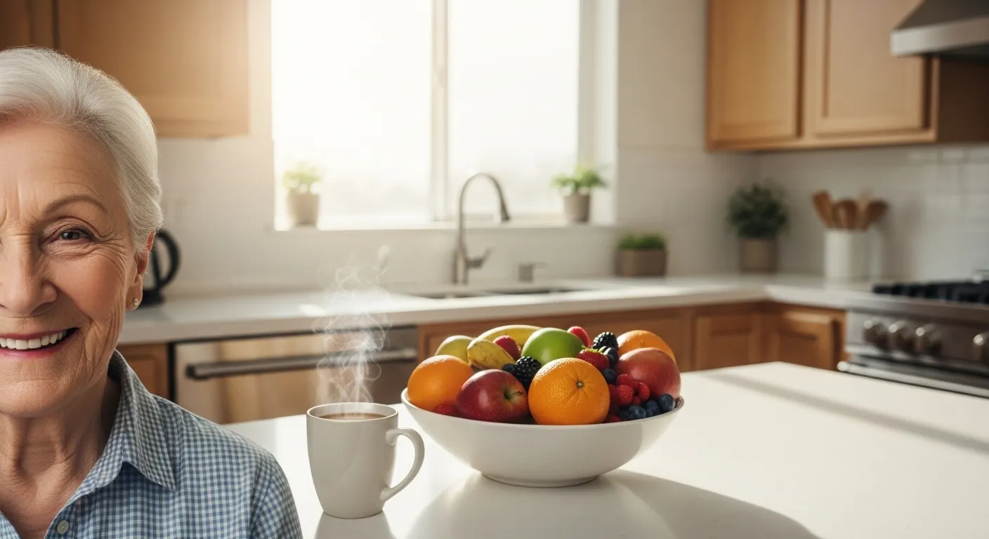 A wide view of a sunlit kitchen with a fruit bowl and coffee mug on the counter. A smiling senior's face is featured in close-up.