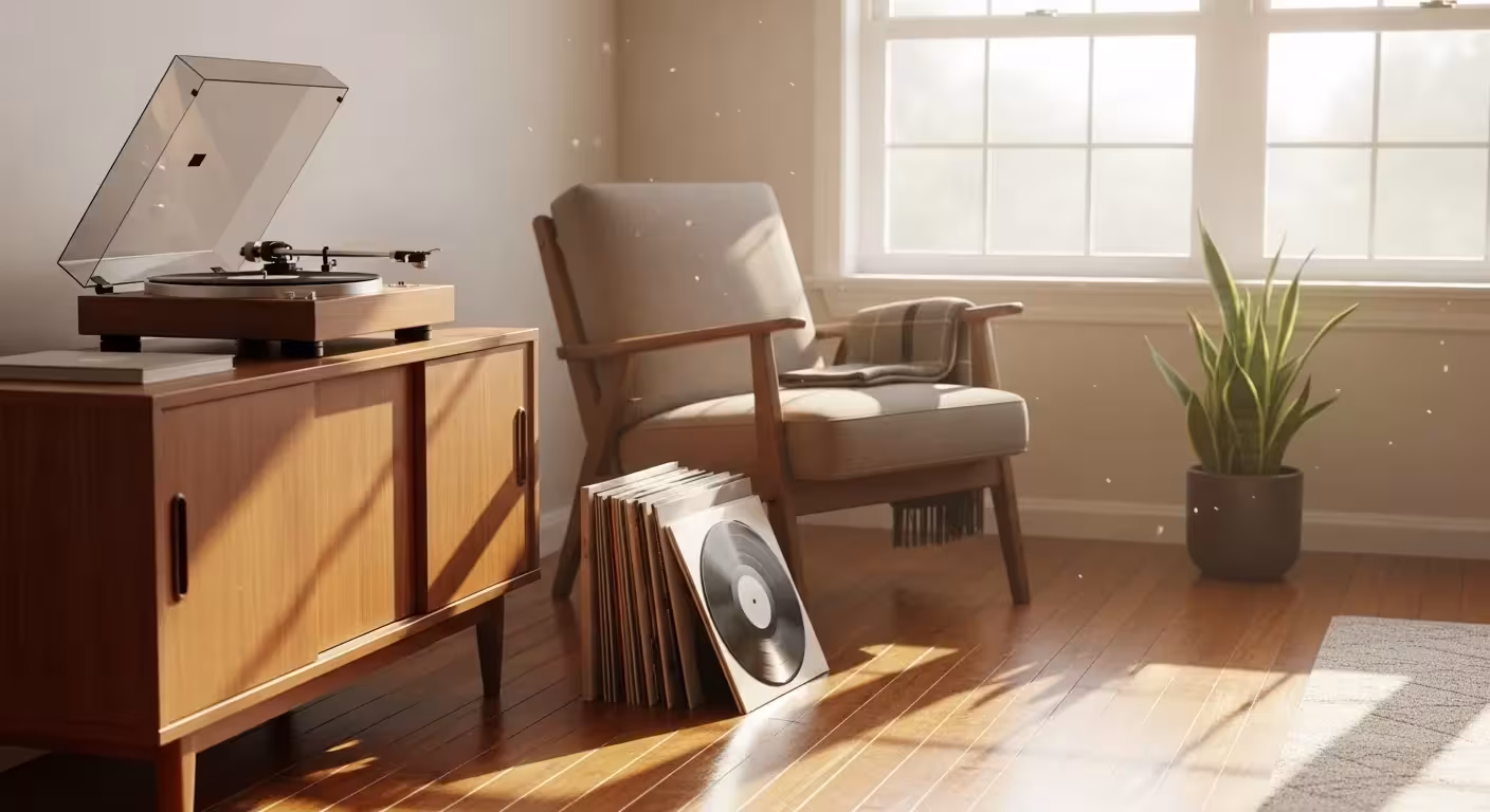 A wide view of a sunlit living room with a record player on a credenza and a cozy armchair, evoking a sense of peaceful nostalgia.