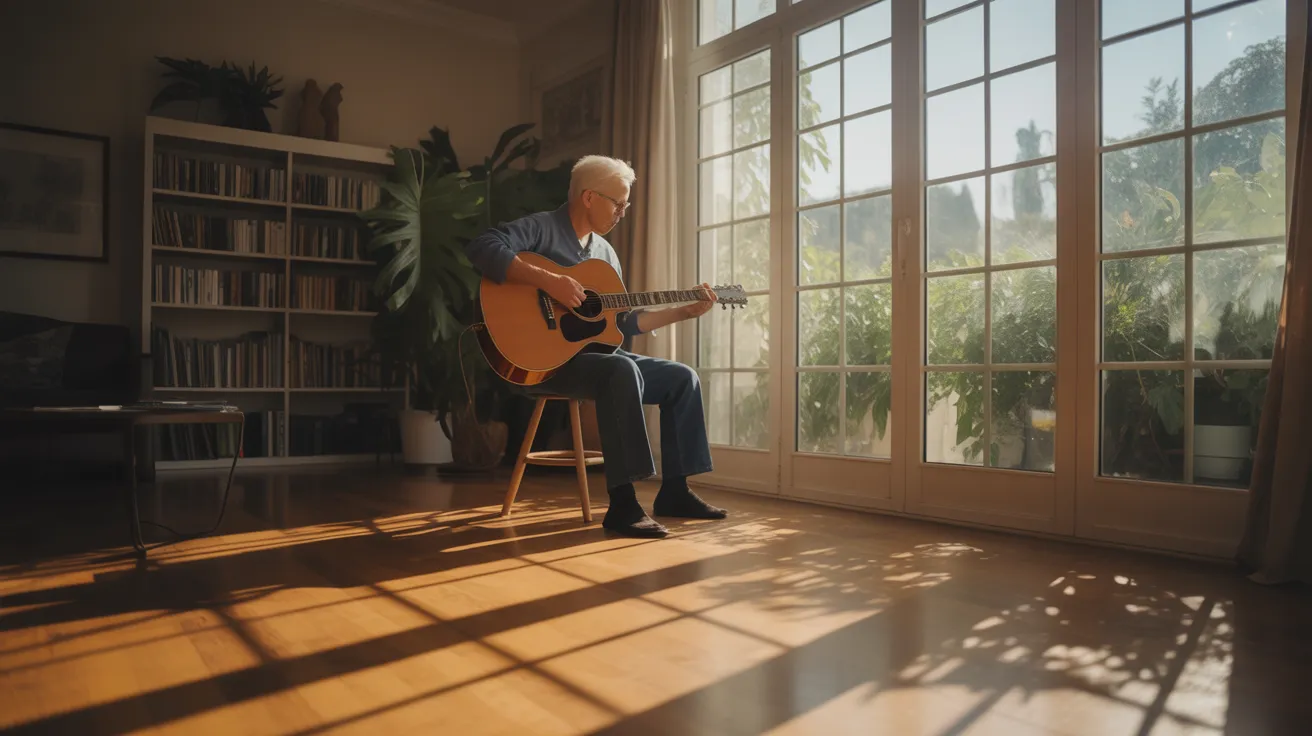 A senior man plays guitar in a living room. Bright sunlight from a window creates strong shadows on the floor.