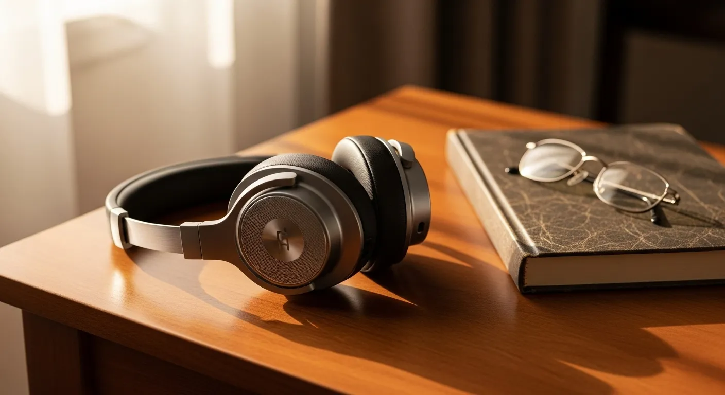 A pair of over-ear headphones and reading glasses lie next to a closed music book on a wooden table in soft afternoon light.