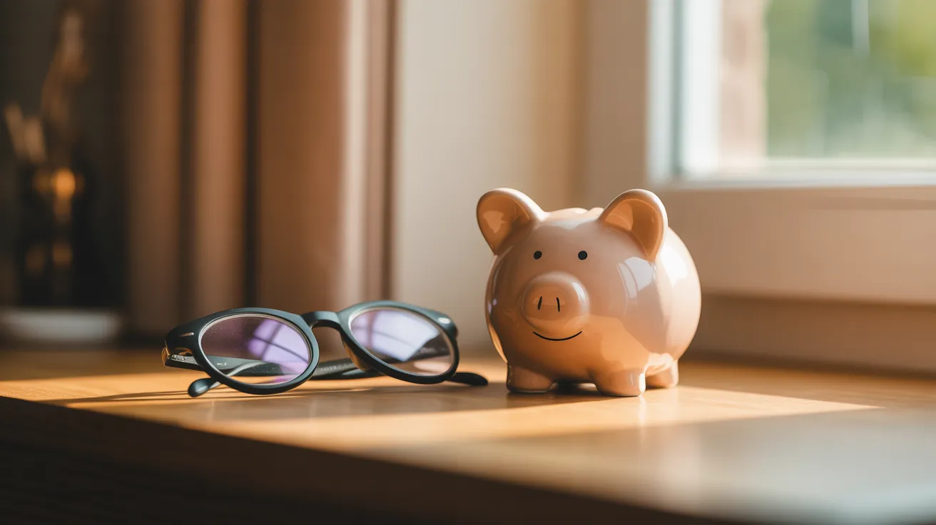 A piggy bank and a pair of reading glasses sitting on a wooden desk, symbolizing the careful planning of retirement savings.
