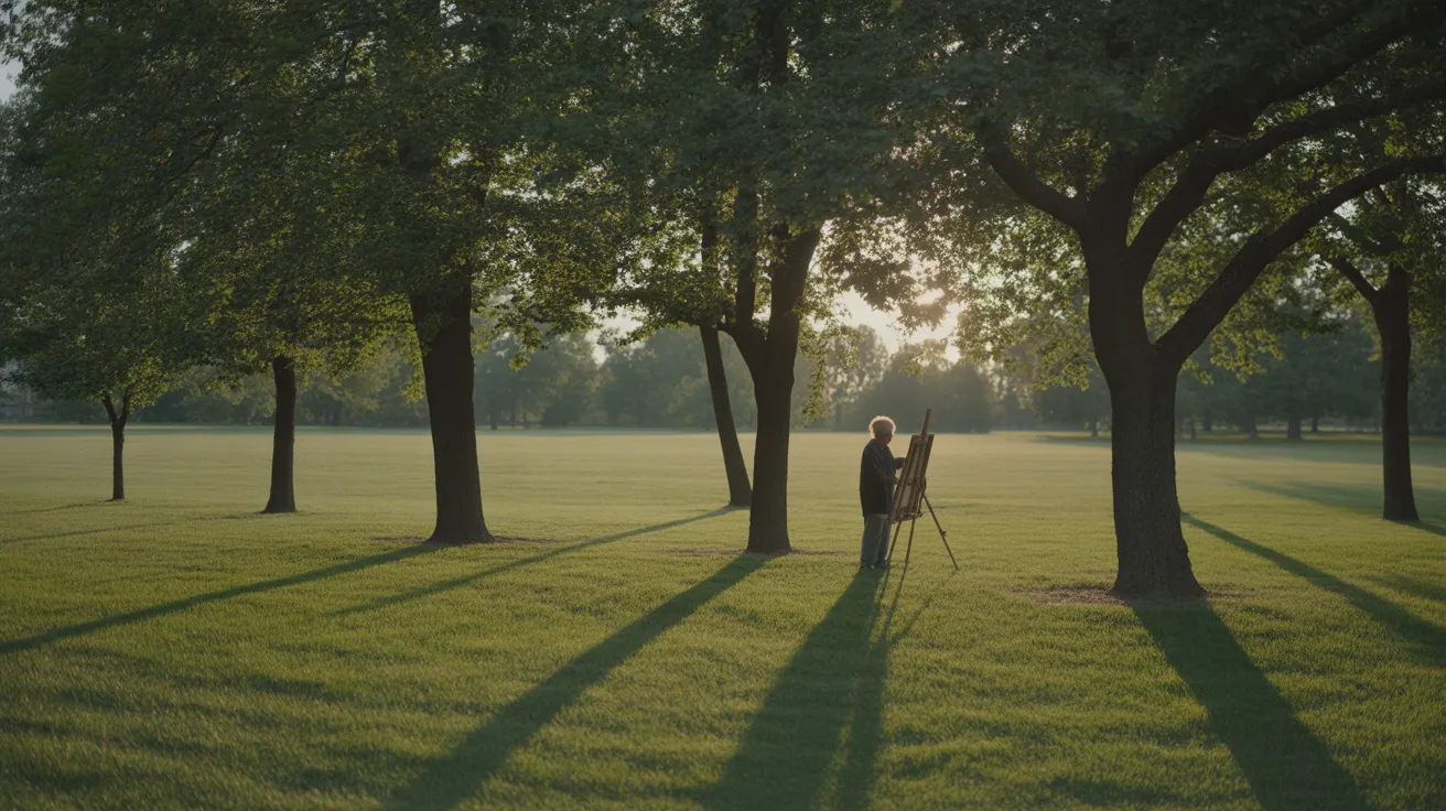 A senior person painting on an easel in a large, sunny park, seen from a great distance. Strong midday shadows stretch across the grass.