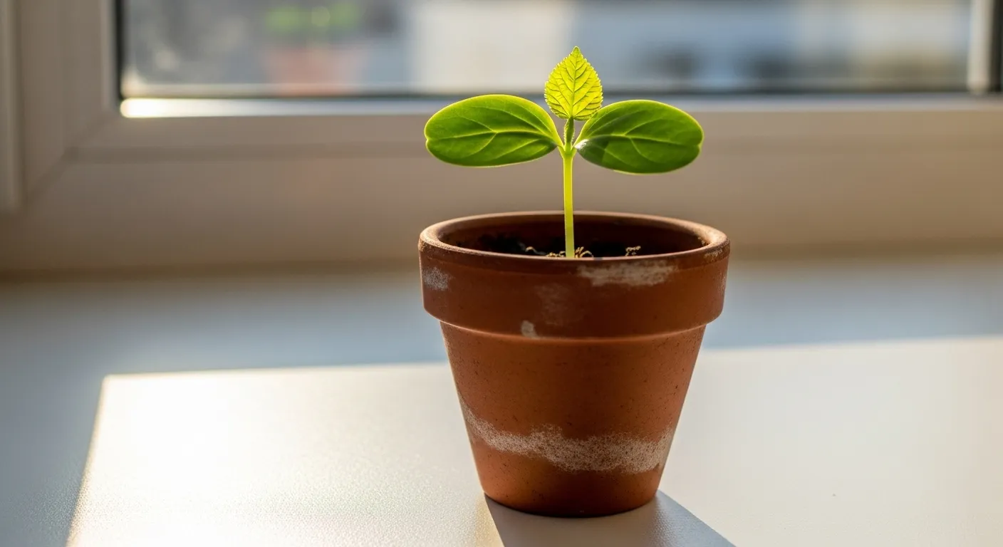 A close-up of a single, small green seedling growing in a terracotta pot, sitting on a bright windowsill in the morning sun.