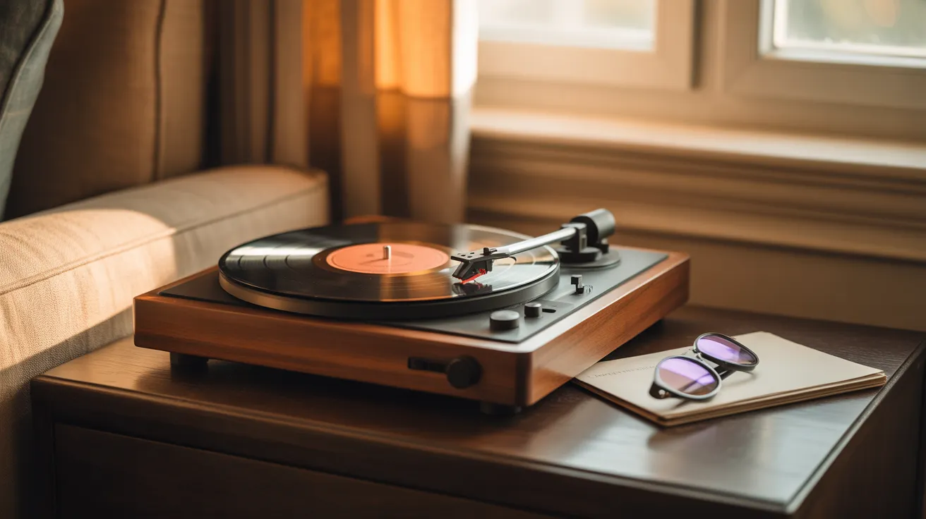 A vintage turntable with a vinyl record and a pair of reading glasses on a wooden surface, illuminated by a warm sunbeam.