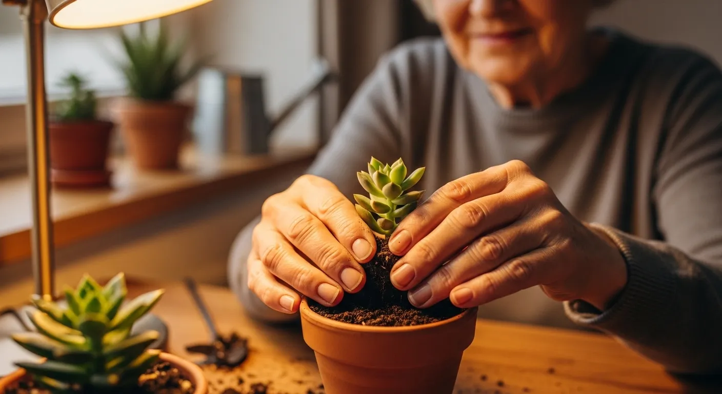 Close-up on a senior's hands carefully potting a small plant in a terracotta pot, illuminated by a warm lamp in the evening.