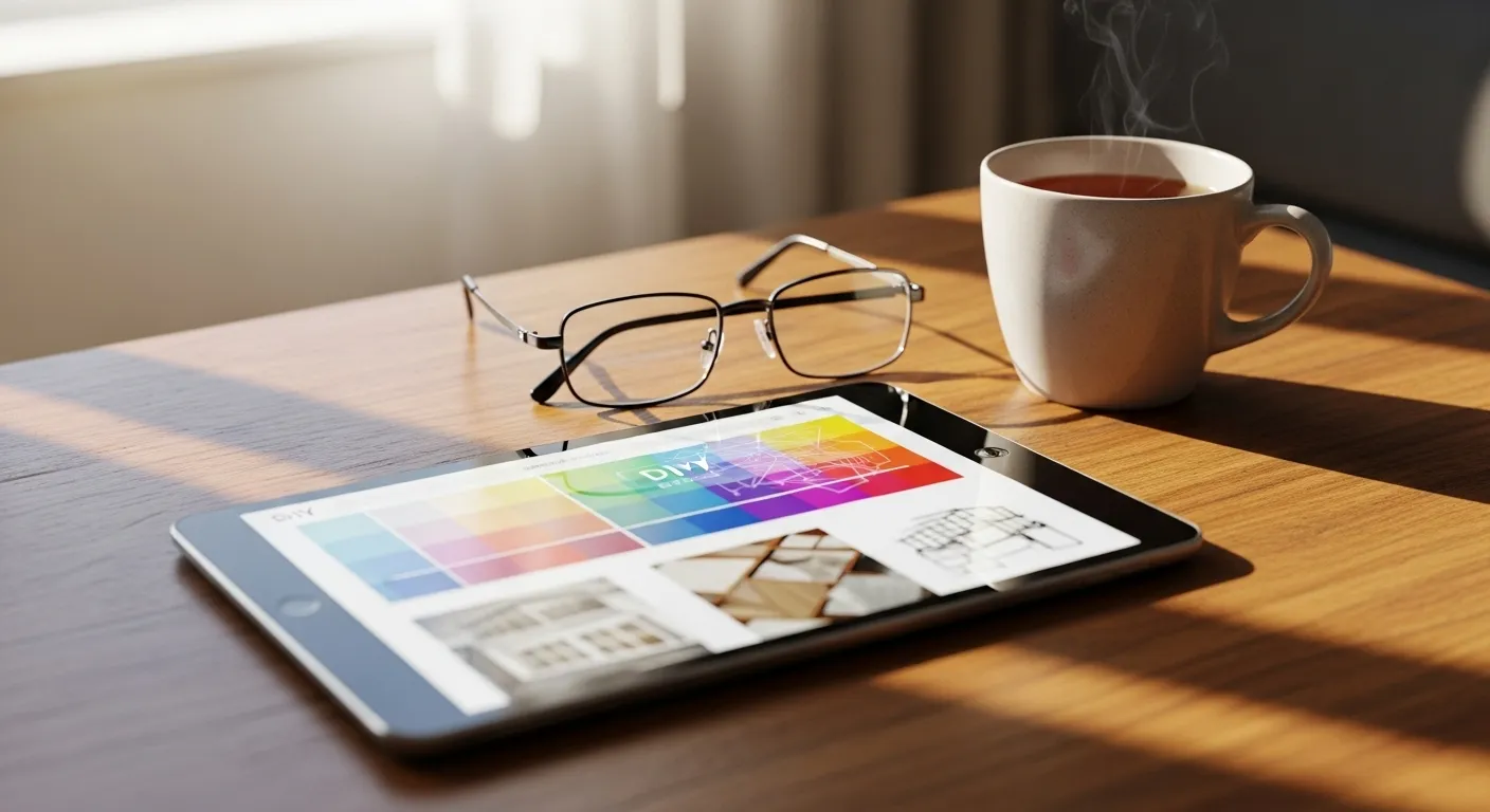 A tablet showing a blurred DIY website sits on a coffee table next to a pair of reading glasses and a mug, illuminated by morning sun.