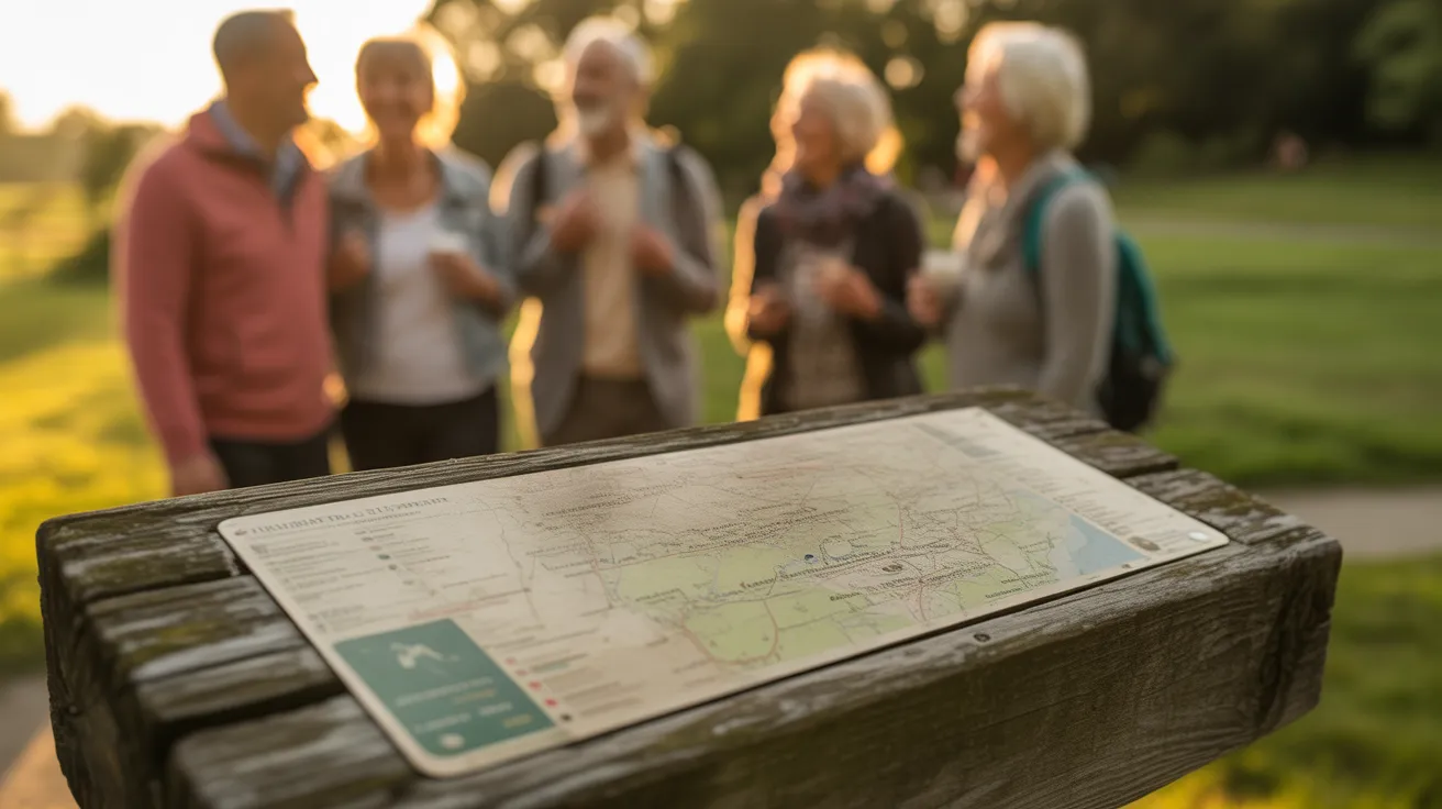 A close-up on a wooden trail map sign, with a group of older friends enjoying a walk in the park during sunset blurred in the background.