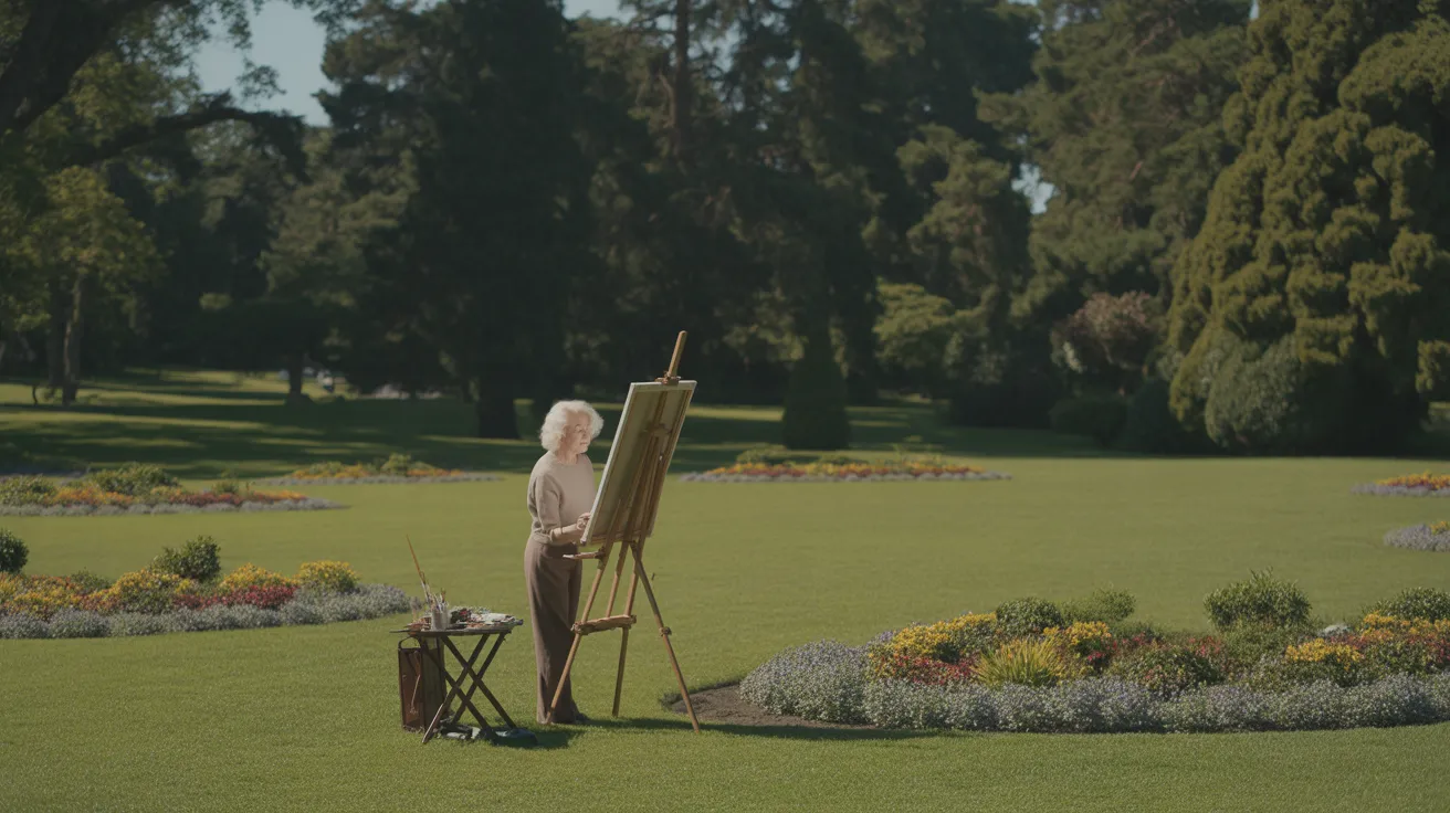A wide view of a senior woman painting at an easel in a sunny public garden, surrounded by colorful flowers and green lawns under a bright sky.
