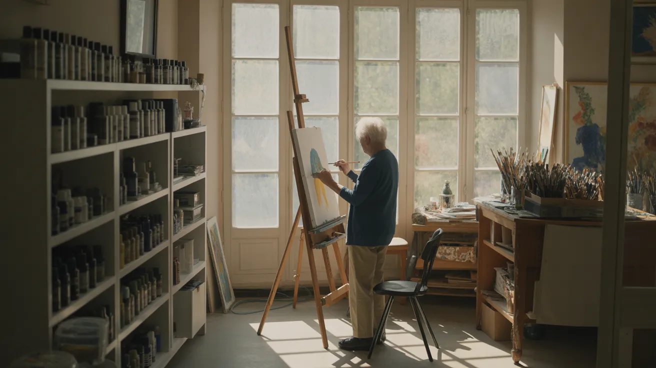 An ultra-wide view of a sunlit home art studio. A senior stands at an easel, focused on their painting, surrounded by organized art supplies.