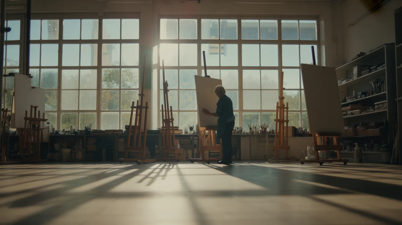 A senior artist paints at an easel in a bright, spacious studio with harsh sunlight creating strong shadows across the floor.
