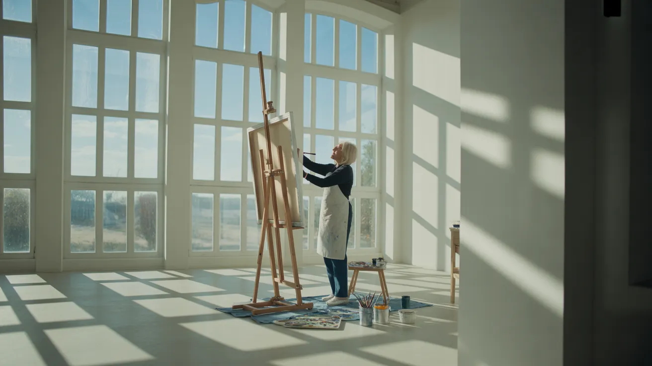 An ultra-wide view of a senior woman painting on a canvas in a sunroom filled with harsh sunlight and deep shadows.