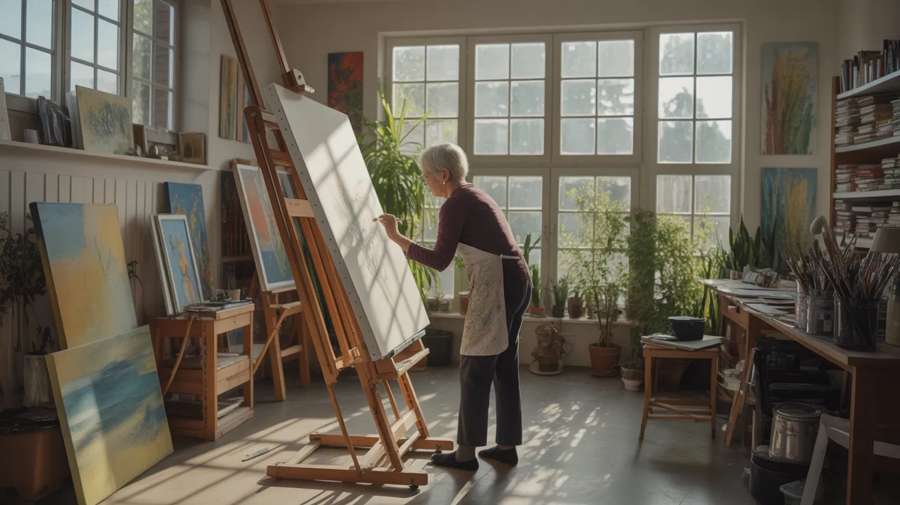 An ultra-wide view of a sunlit art studio where a senior person is absorbed in painting a canvas.