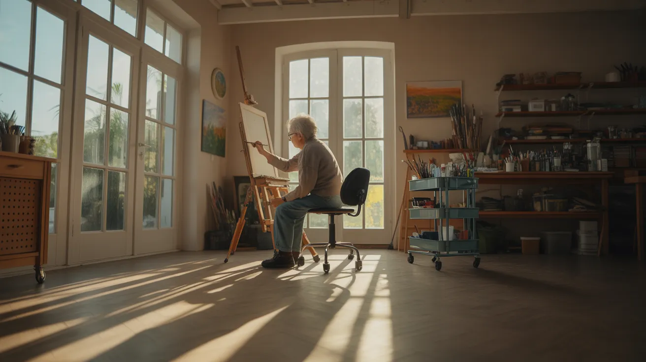 An ultra-wide view of a senior artist's studio, lit by harsh sun. The artist is at an easel, surrounded by their tools, in an accessible setup.