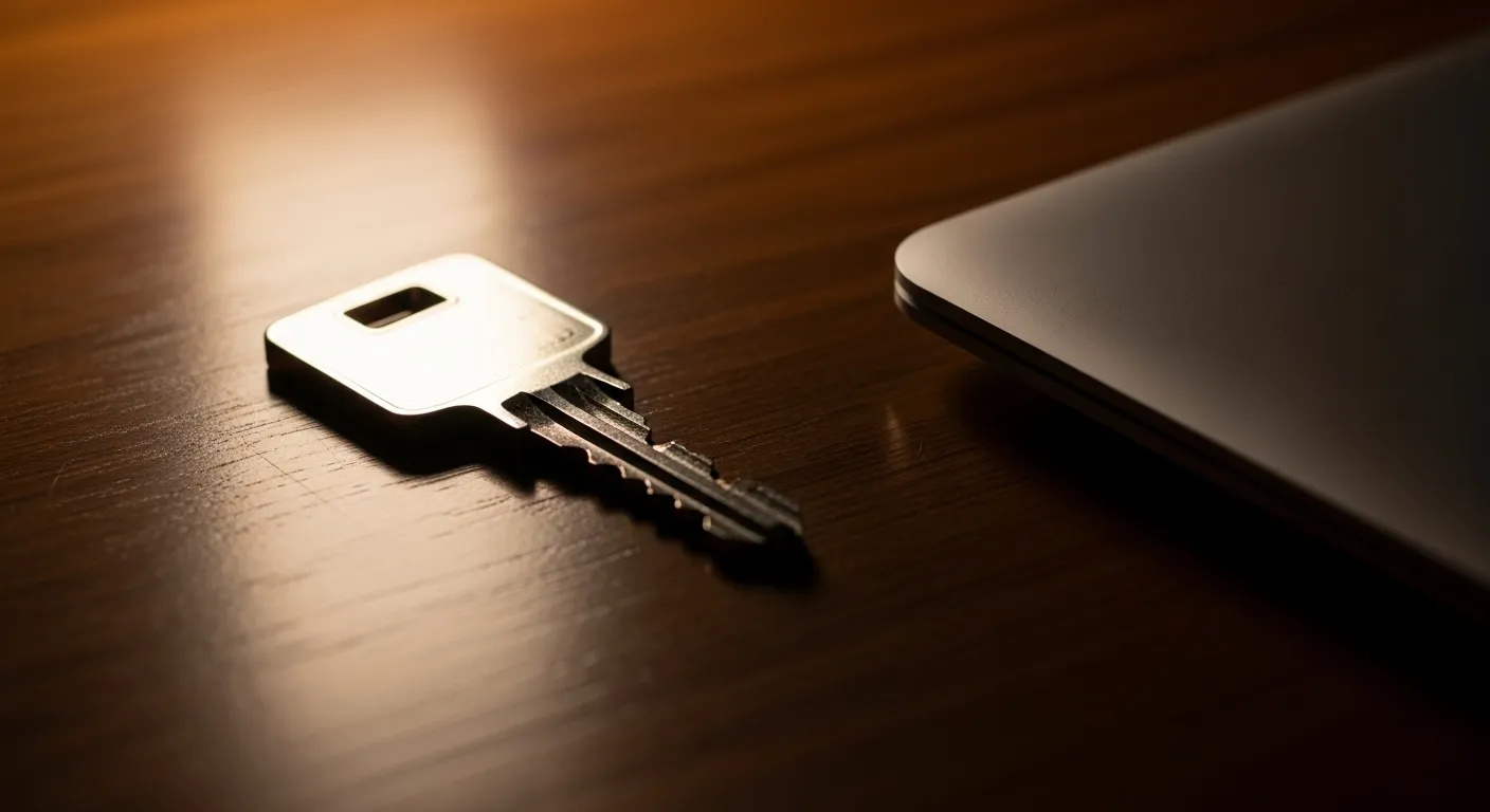 A close-up of a single house key on a dark wood desk next to a closed laptop, warmly lit by a lamp.