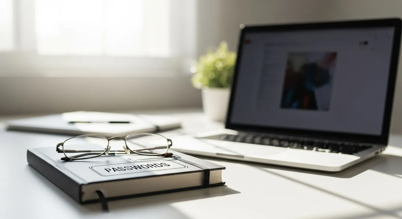 A closed password logbook and reading glasses sit next to a laptop on a desk, symbolizing organized digital security.