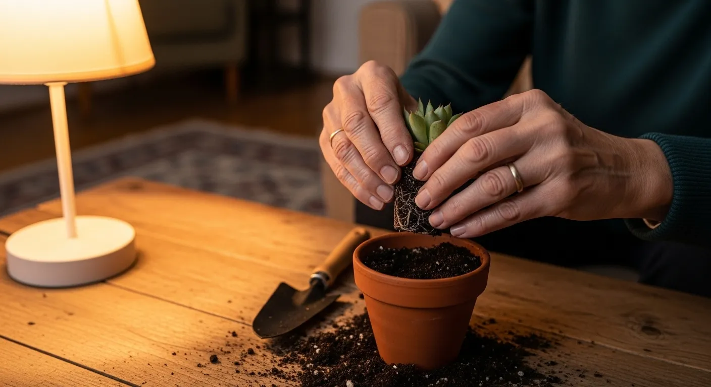 Close-up on a senior's hands carefully tending to a small potted succulent under the warm glow of an evening lamp.