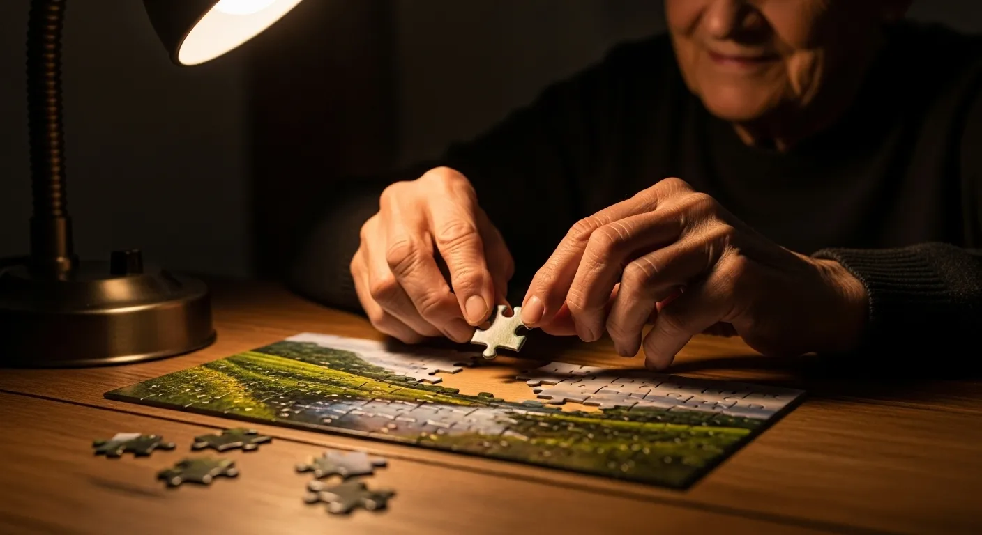 Close-up on a senior's hands fitting a jigsaw puzzle piece into place under the warm glow of an evening lamp.