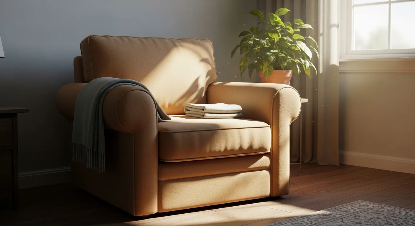 An empty armchair in a sunlit corner next to a window, with a folded blanket on the armrest, creating a serene and calm atmosphere.