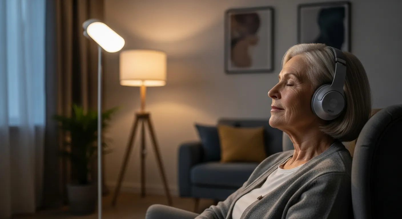 A senior woman with a peaceful expression listens to music on headphones in a cozy armchair in her softly lit living room at night.