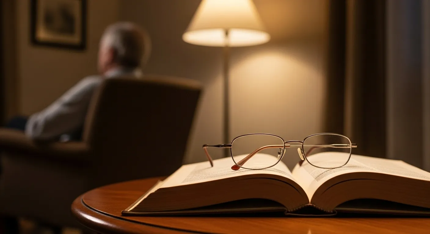 Reading glasses on an open book next to an armchair where a person is relaxing in the warm light of an evening lamp.