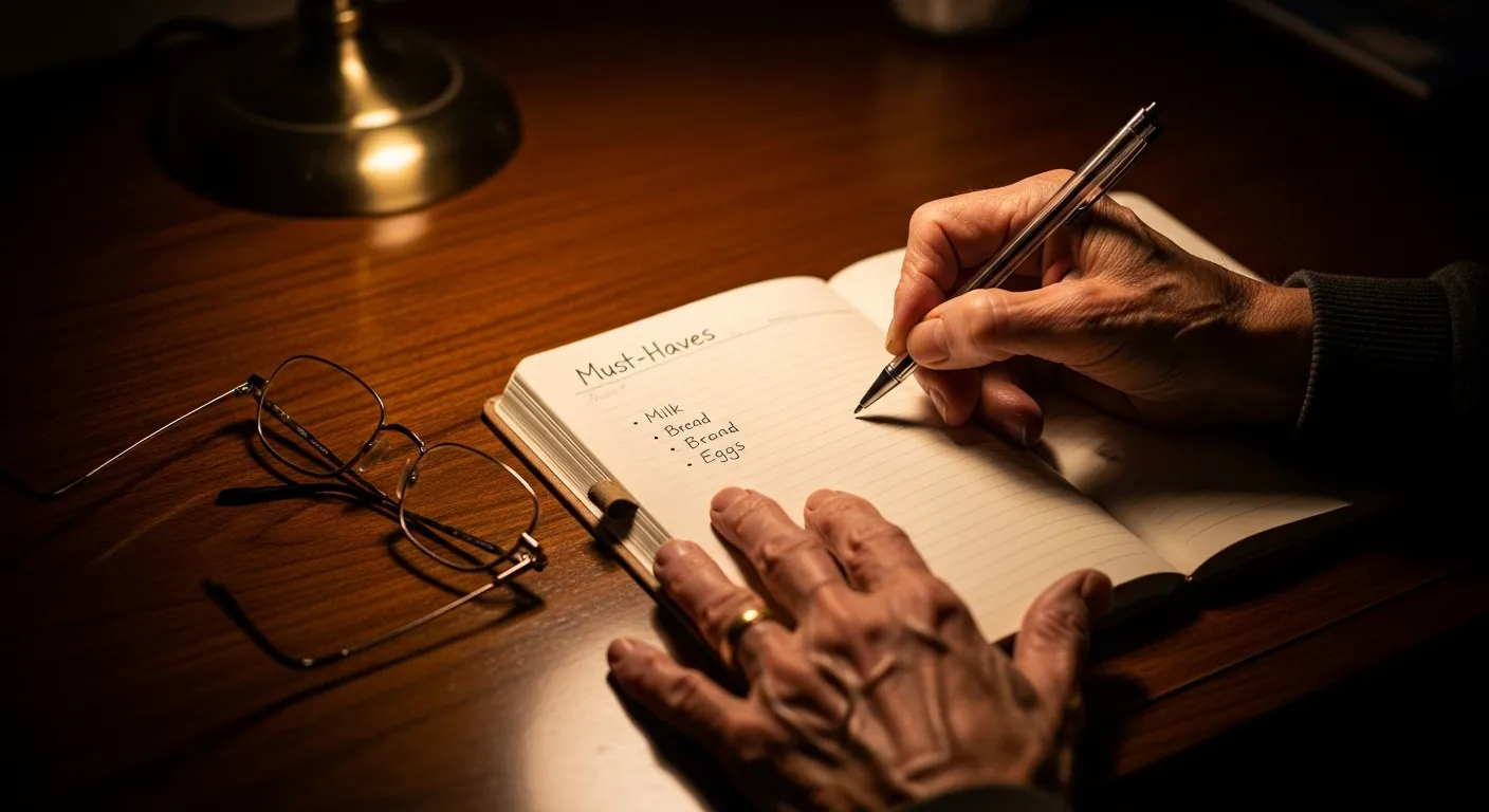 Close-up of a senior's hands writing a list in a notebook under warm lamplight, with reading glasses on the desk.