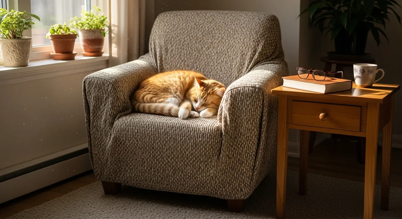 A calm living room with a cat sleeping on an armchair in a sunbeam. A book and reading glasses rest on a nearby table.