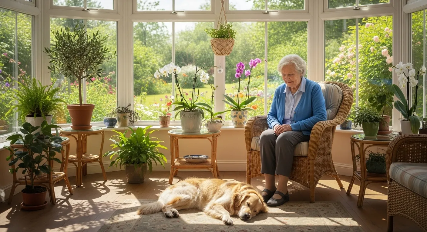 An elderly woman smiles contentedly in a sunlit sunroom, looking down at a sleeping golden retriever by her chair.