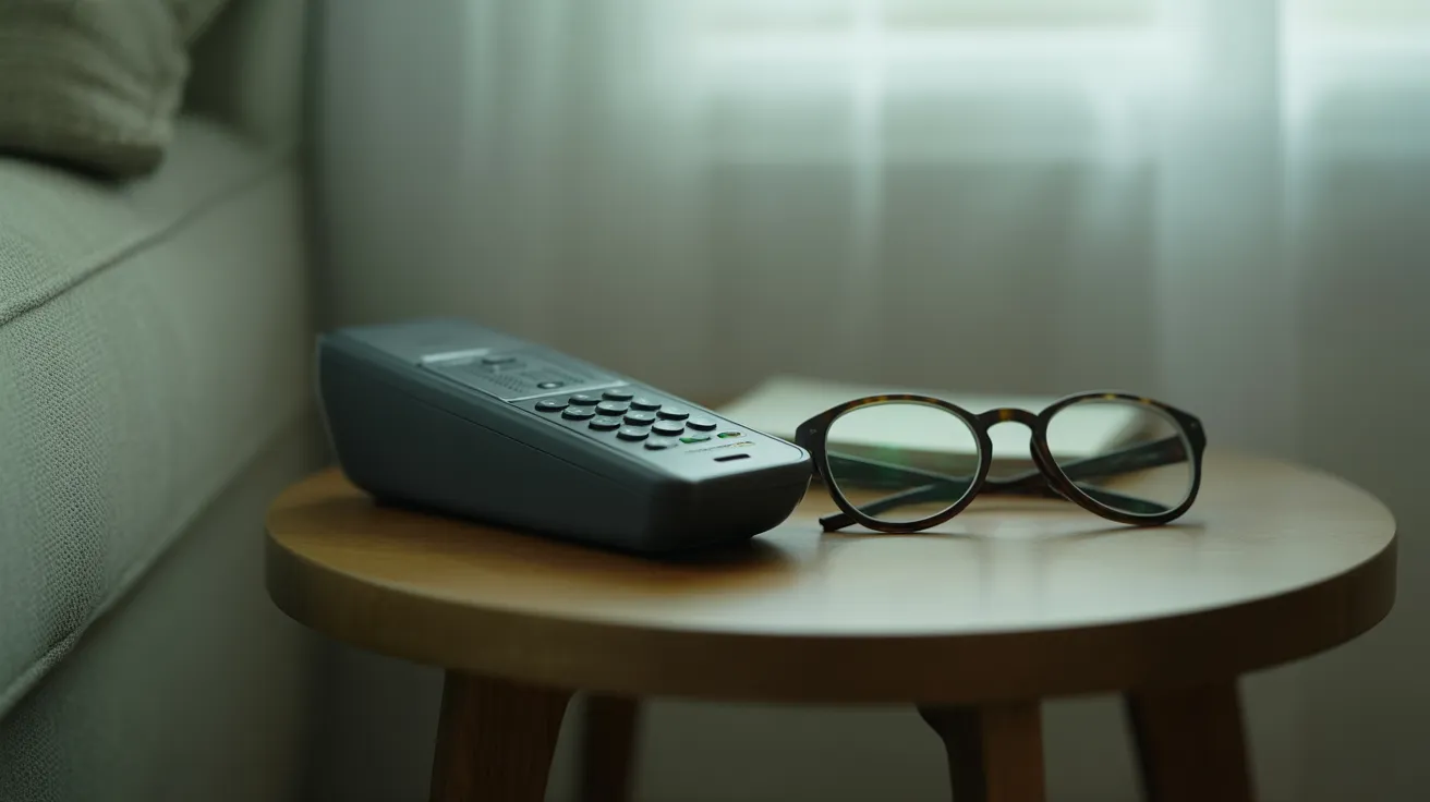 A large-button telephone and a pair of reading glasses sit on a wooden side table in a sunlit living room.