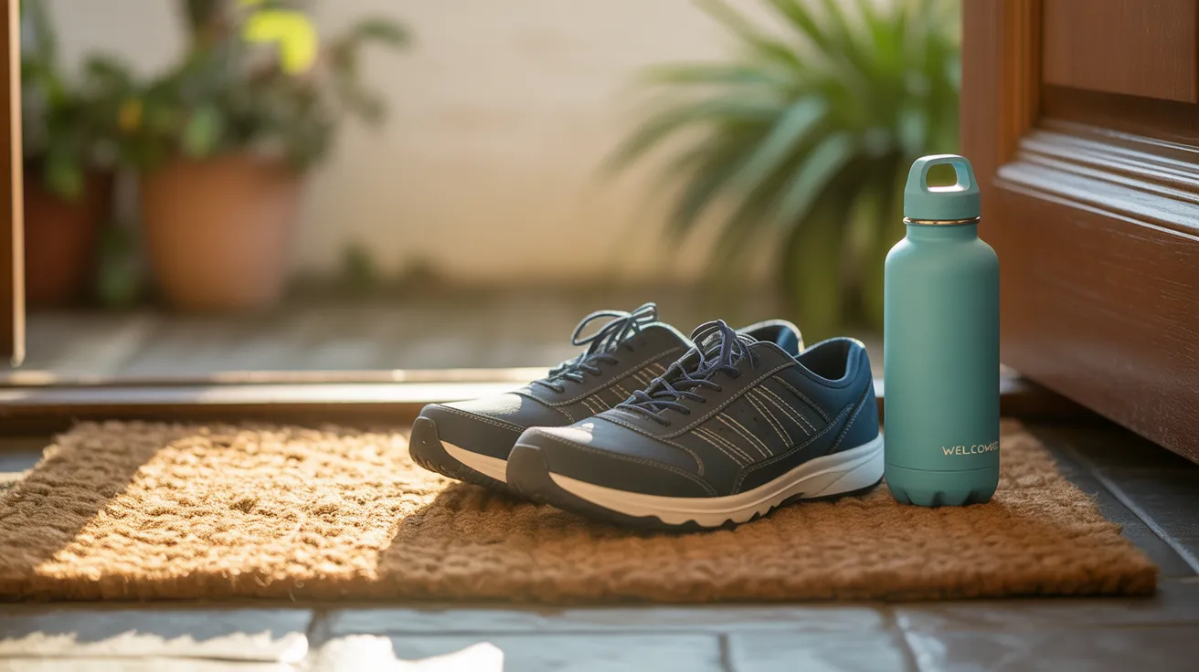 A pair of walking shoes and a water bottle sit on a doormat, bathed in morning sunlight, ready for a walk.