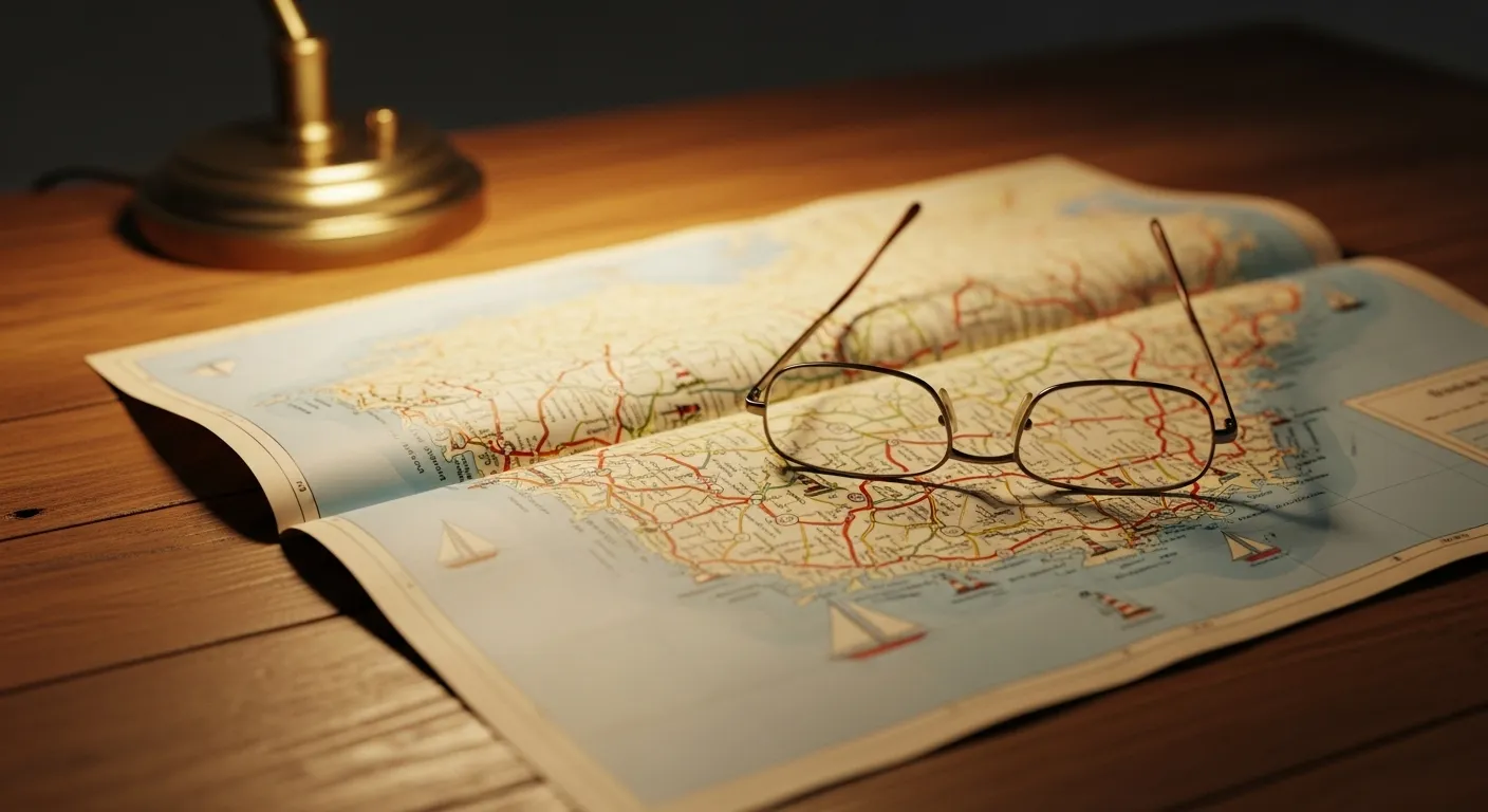 A close-up of a paper road map under the warm light of a desk lamp, with a pair of reading glasses resting on top, suggesting future plans.