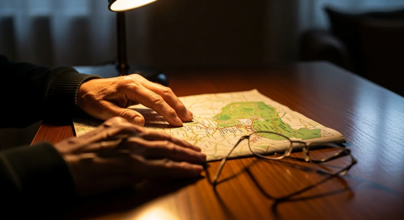 A close-up of a senior's hands tracing a path on a trail map, lit by a warm desk lamp in the evening.