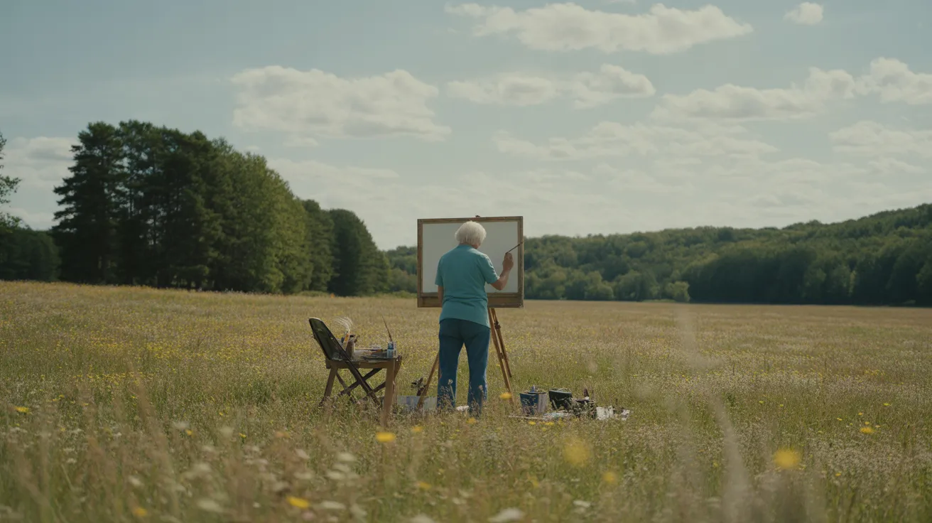 An ultra wide view of a senior painting at an easel in a large, sunny meadow, surrounded by nature.