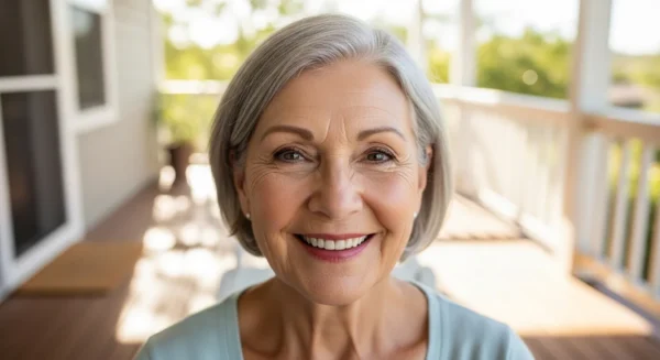 A wide-angle close-up of a smiling senior woman on her sunny porch, with soft, natural light and a happy expression.