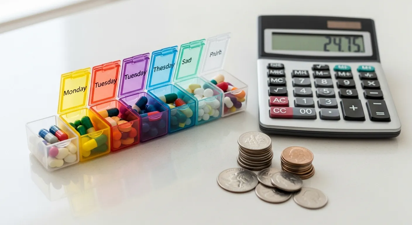 A weekly pill organizer, a calculator, and a stack of coins on a countertop, symbolizing the management of prescription drug costs.