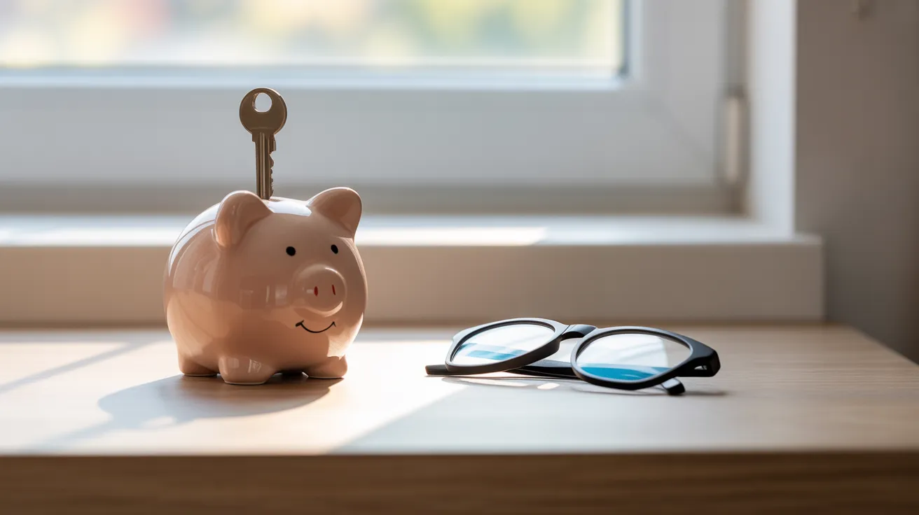 A house-shaped piggy bank with a key in it, next to a pair of reading glasses on a wooden surface in soft morning light.