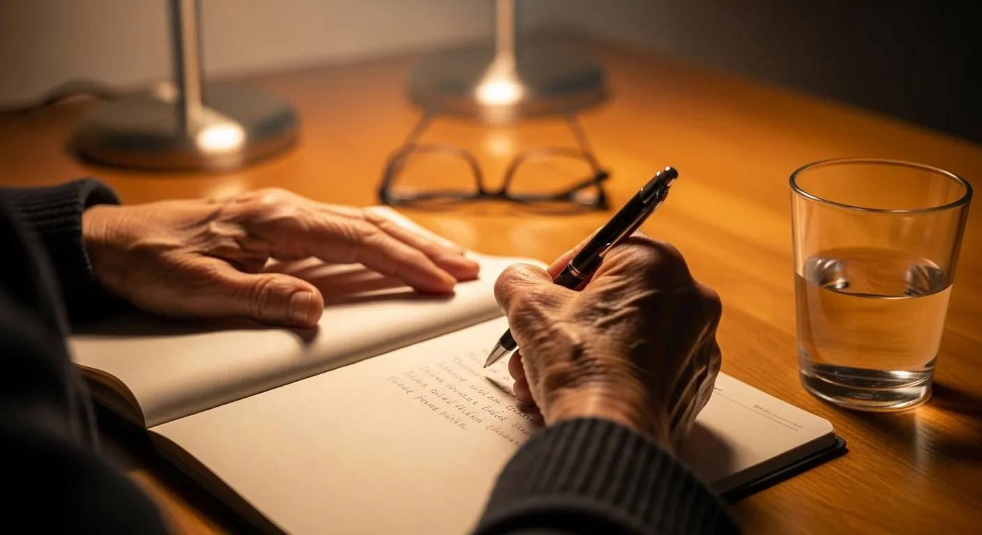 Close-up of a senior's hands writing in a notebook by lamplight, with a glass of water and reading glasses on the desk.