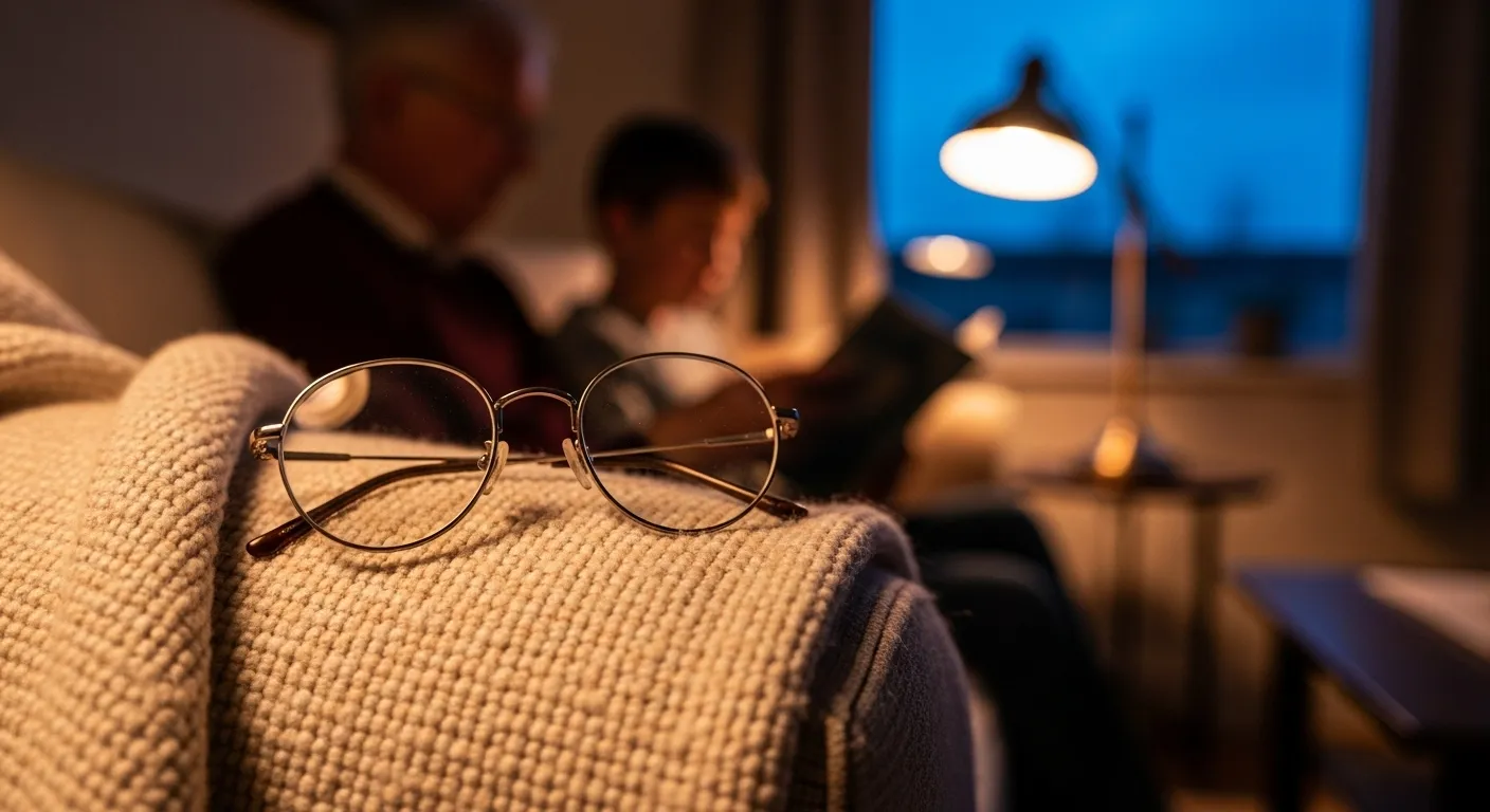 A close-up of reading glasses on a cozy blanket. In the background, a grandparent and child are reading on a sofa at dusk.