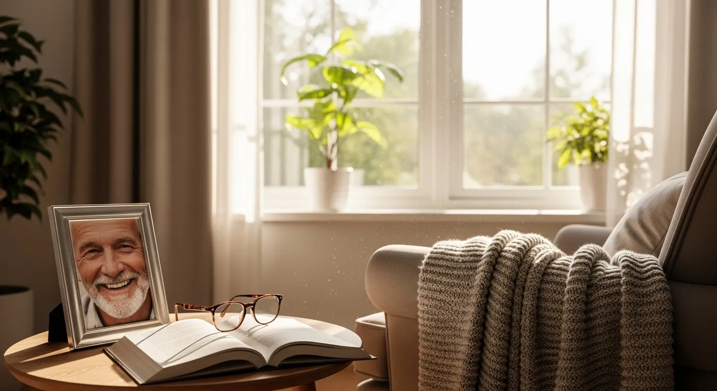 A sunlit reading corner with an armchair. A side table holds a framed photo of a smiling senior, an open book, and reading glasses.
