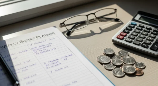 A desk with a weekly planner, reading glasses, a calculator, and a stack of coins, suggesting organized retirement financial planning.