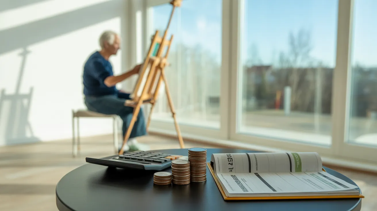 A senior artist paints in a sunlit studio. A desk with a calculator and coins in the foreground shows budgeting for their hobby.