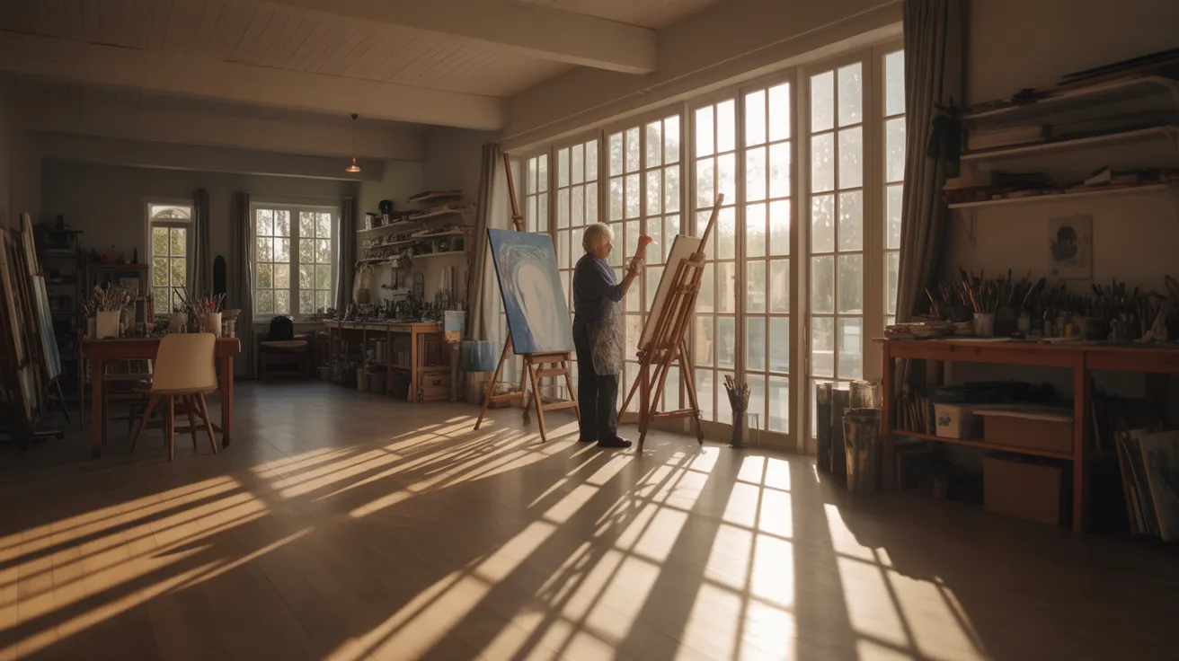 A senior painter stands at an easel in a bright, sunlit home studio. An ultra-wide view shows the entire creative space and strong shadows.