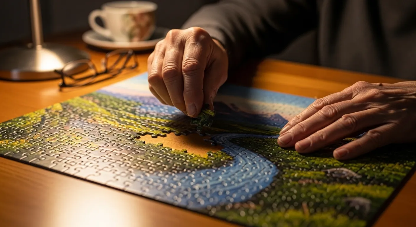 A close-up of a senior's hands completing a jigsaw puzzle on a table, lit by the warm, soft light of an evening lamp.